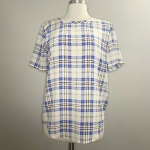 Equipment Femme Plaid Short Sleeve Silk Blouse Top Size S